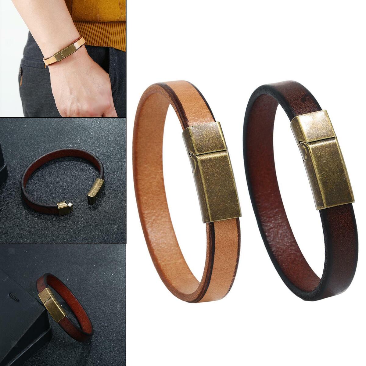 PU Leather Wristband Bracelet Cuff Wrap Jewelry Bangle 20.5cm Dark Brown+PU