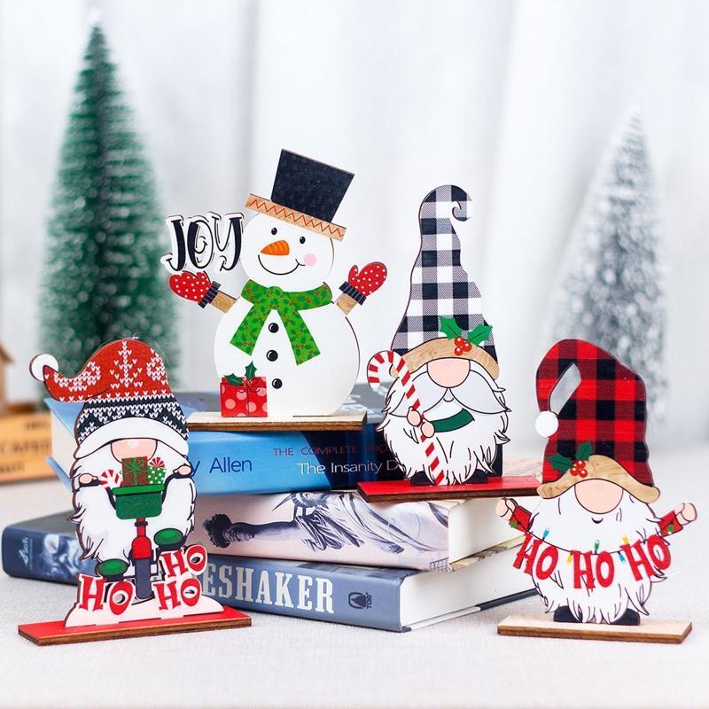 Christmas Wood Ornaments 4pcs/set Gnome Snowman Tiered Tray Decor Crafs