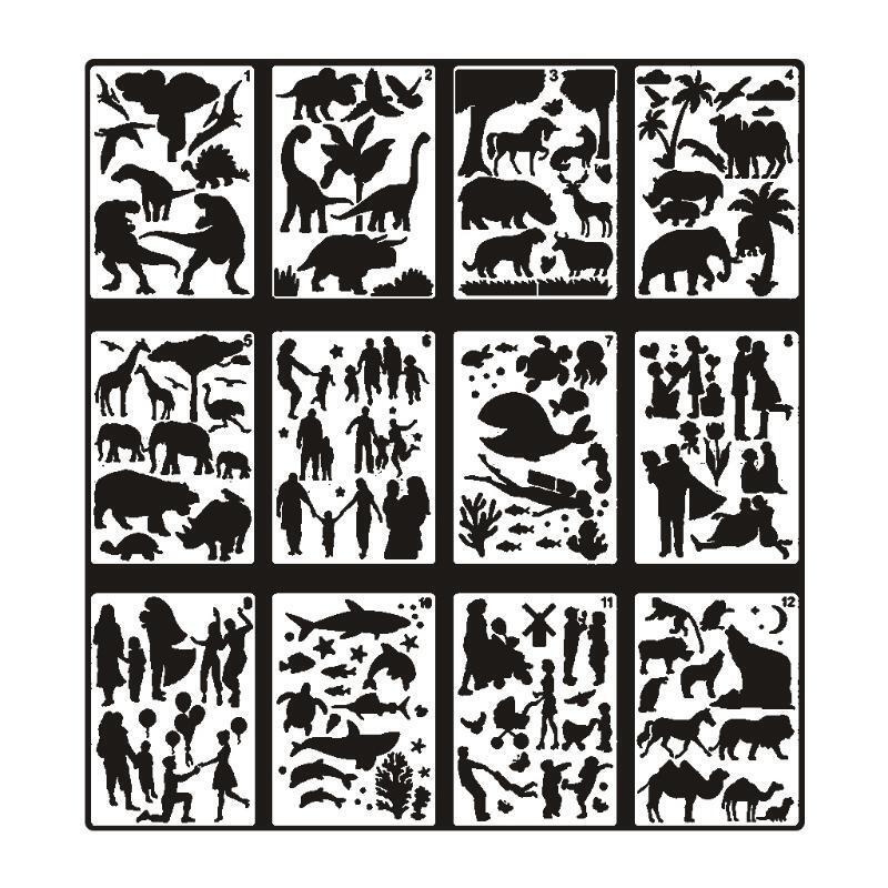 Pack of 12 Large Hollow-out Plants Animal Painting PET Stencil Set Graffiti Tool