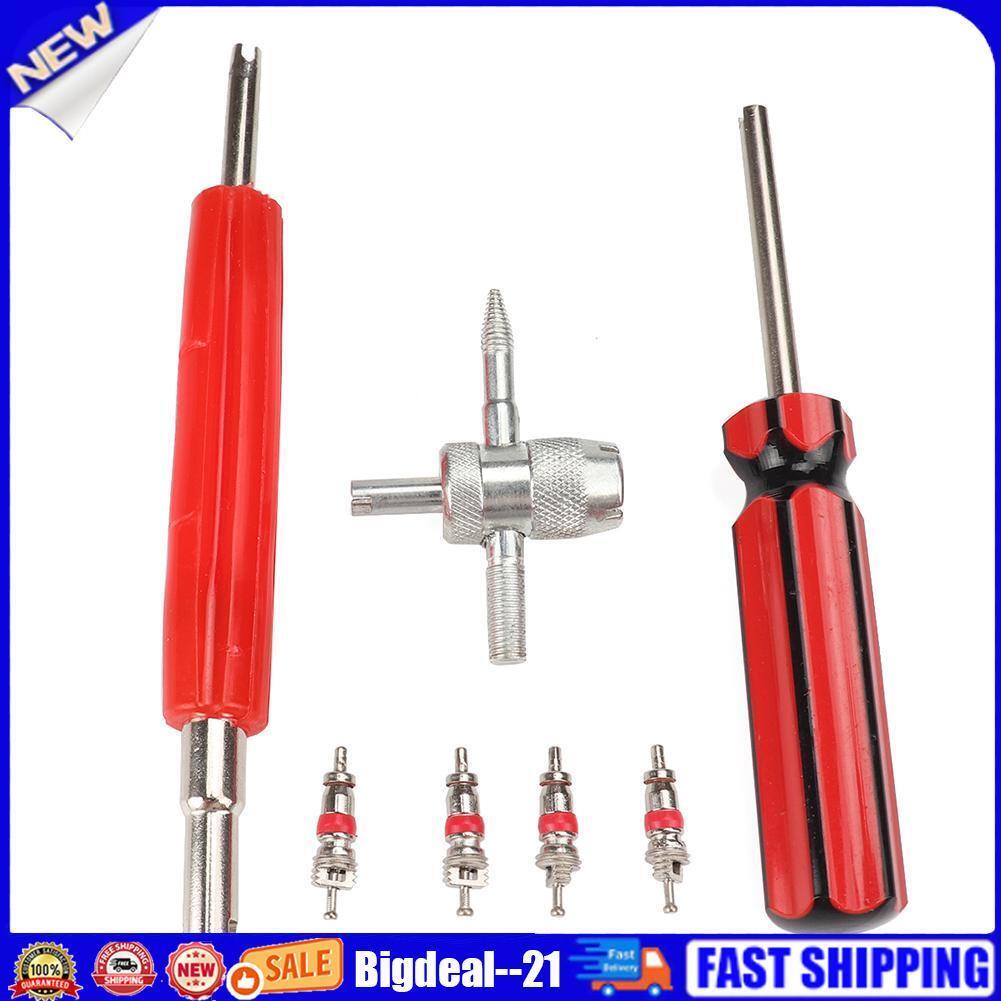 4pcs Schrader Valve Cores with Dual Single Head Removers+4-Way Valve Tool