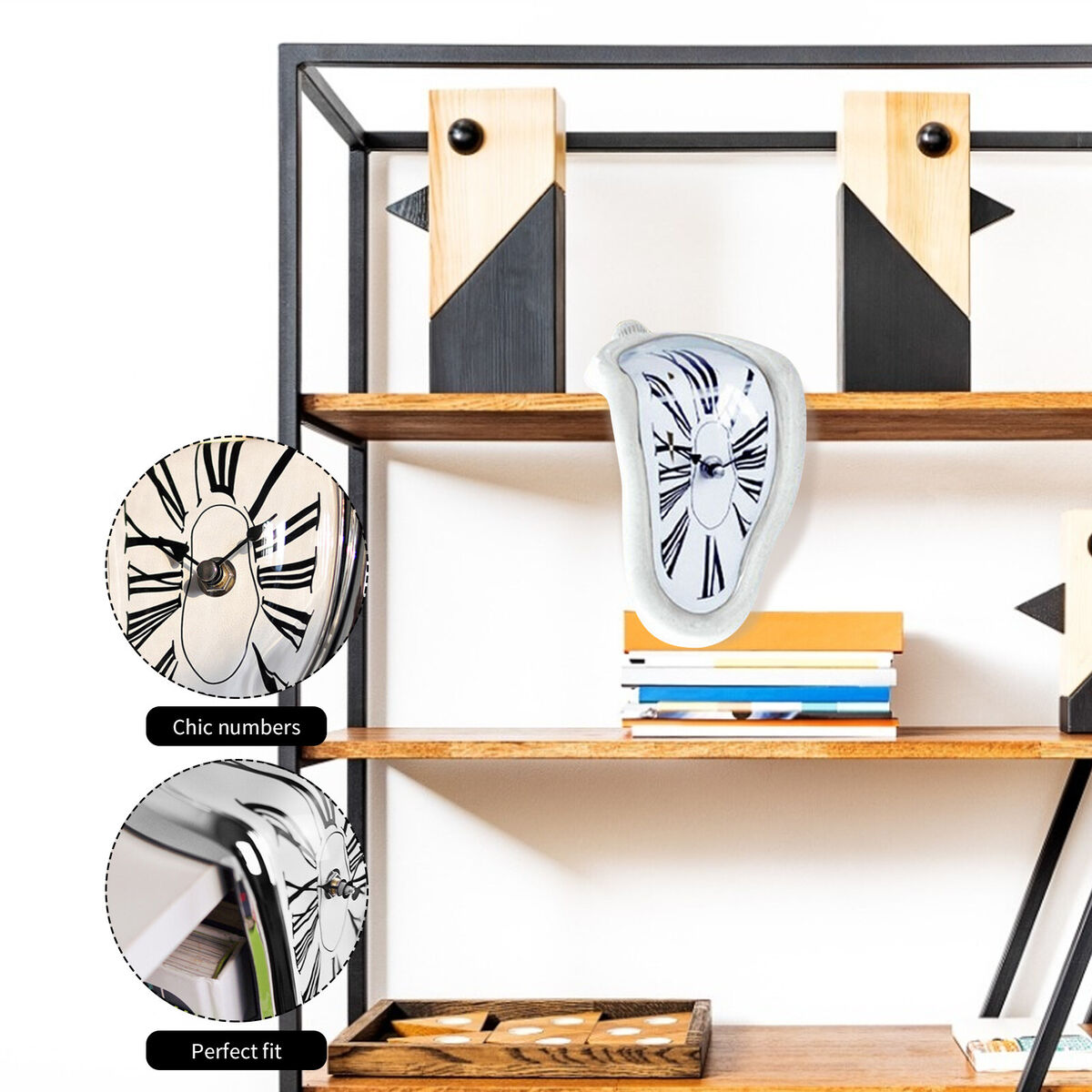 Melting Clock Modern Surrealistic Shelf Decor Distorted Clock (White)