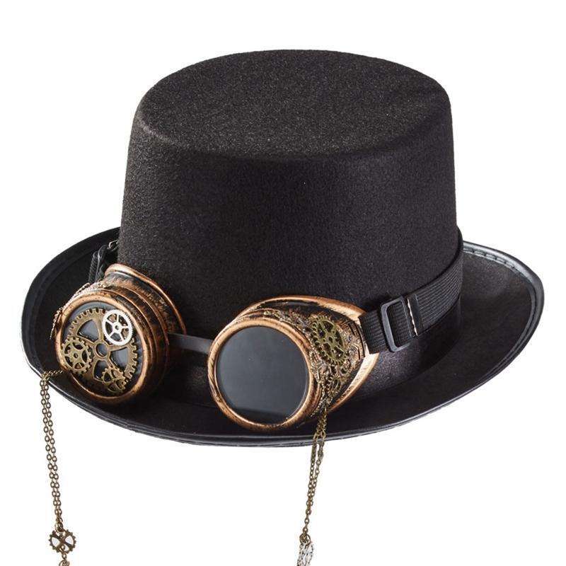 Steampunk Hat Victorian Gothic Gear Chain Top Jazz Hat with Detachable Goggles