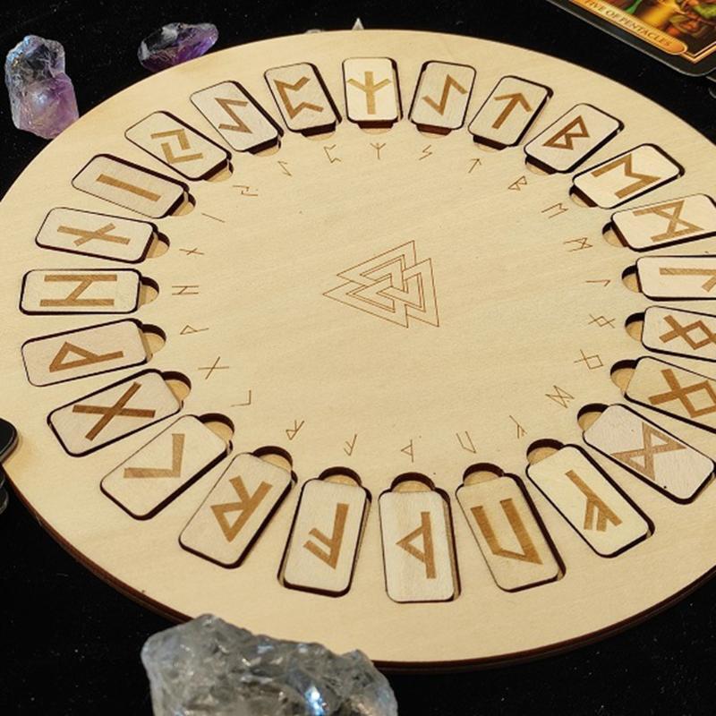 Wooden Runes Divination Engraved Board Wiccan Symbols Signs Altar Round Tile