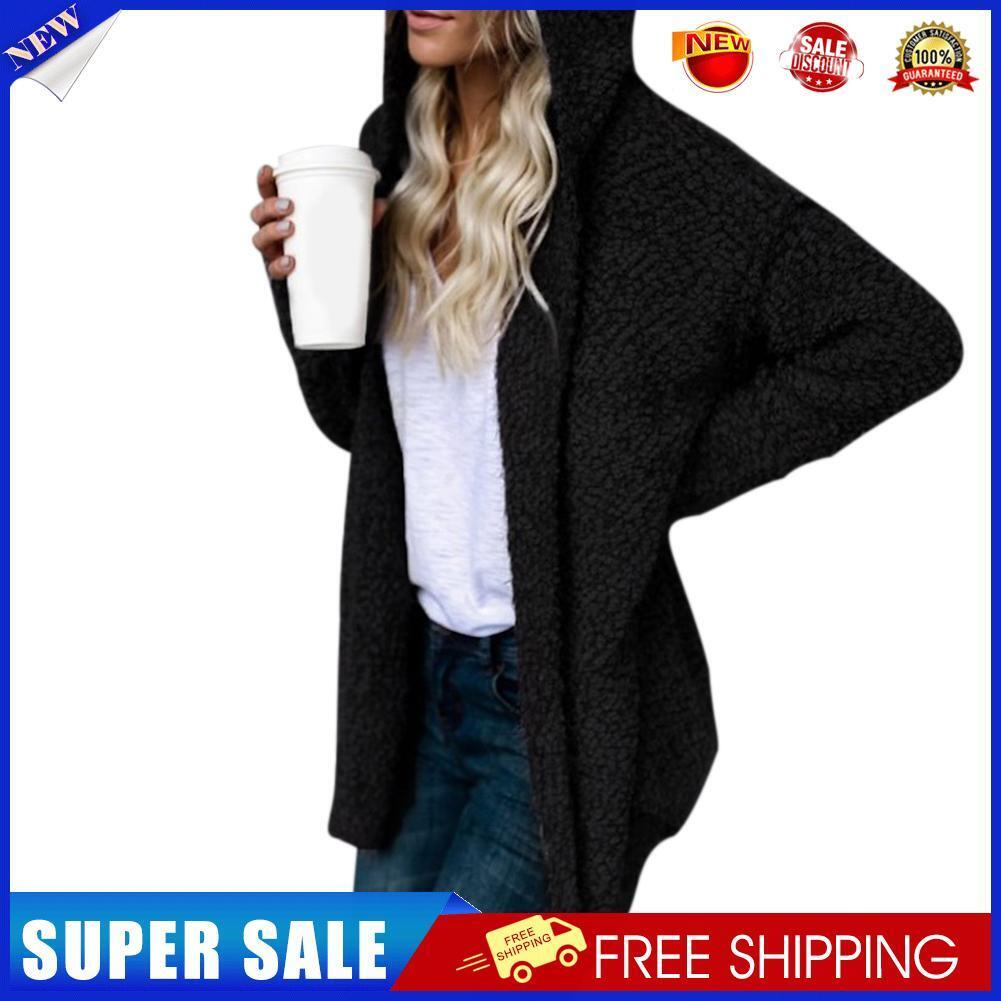 Loose Pure Hooded Coat Fur Fleece Women Thin Cardigan Outfit (Black M)