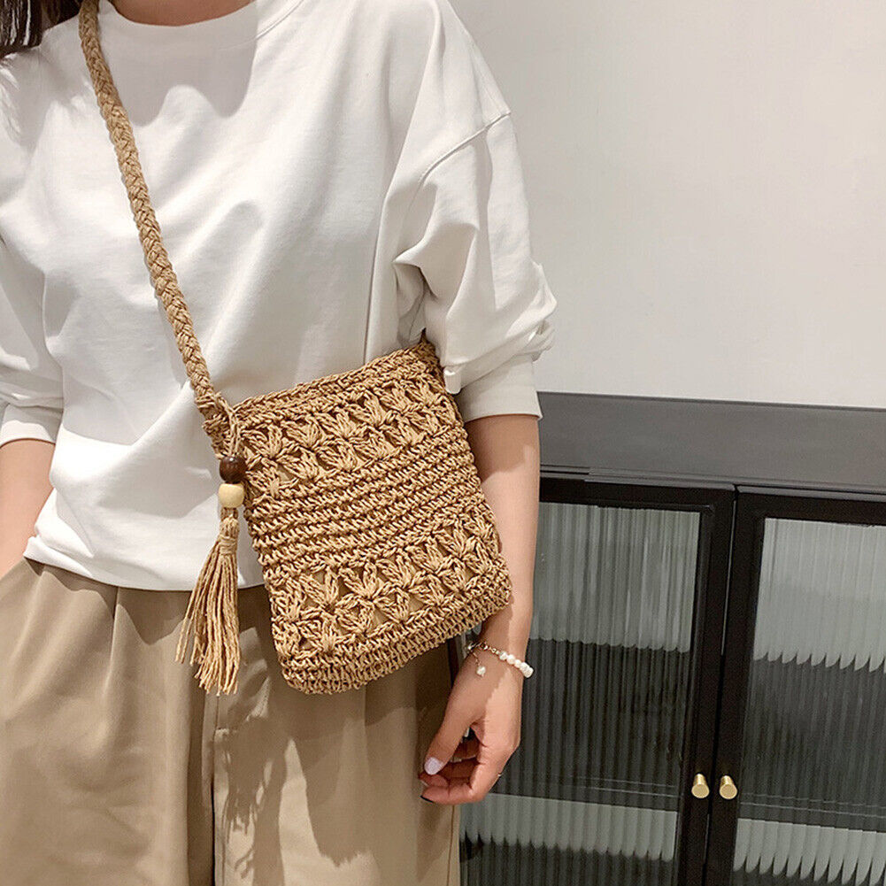 Woven Straw Crossbody Bag Small Women Boho Summer Handbag (Square Khaki)