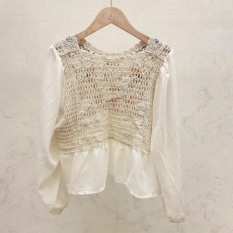Crochet Floral Peplum Top Women Chiffon Puff Sleeve French Knitted Blouse Shirt