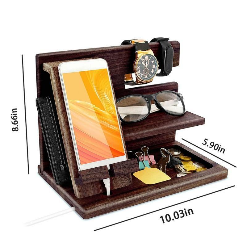 Wooden Phone Docking Station Wallet Stand Watches Purse Holder Desk Organizer