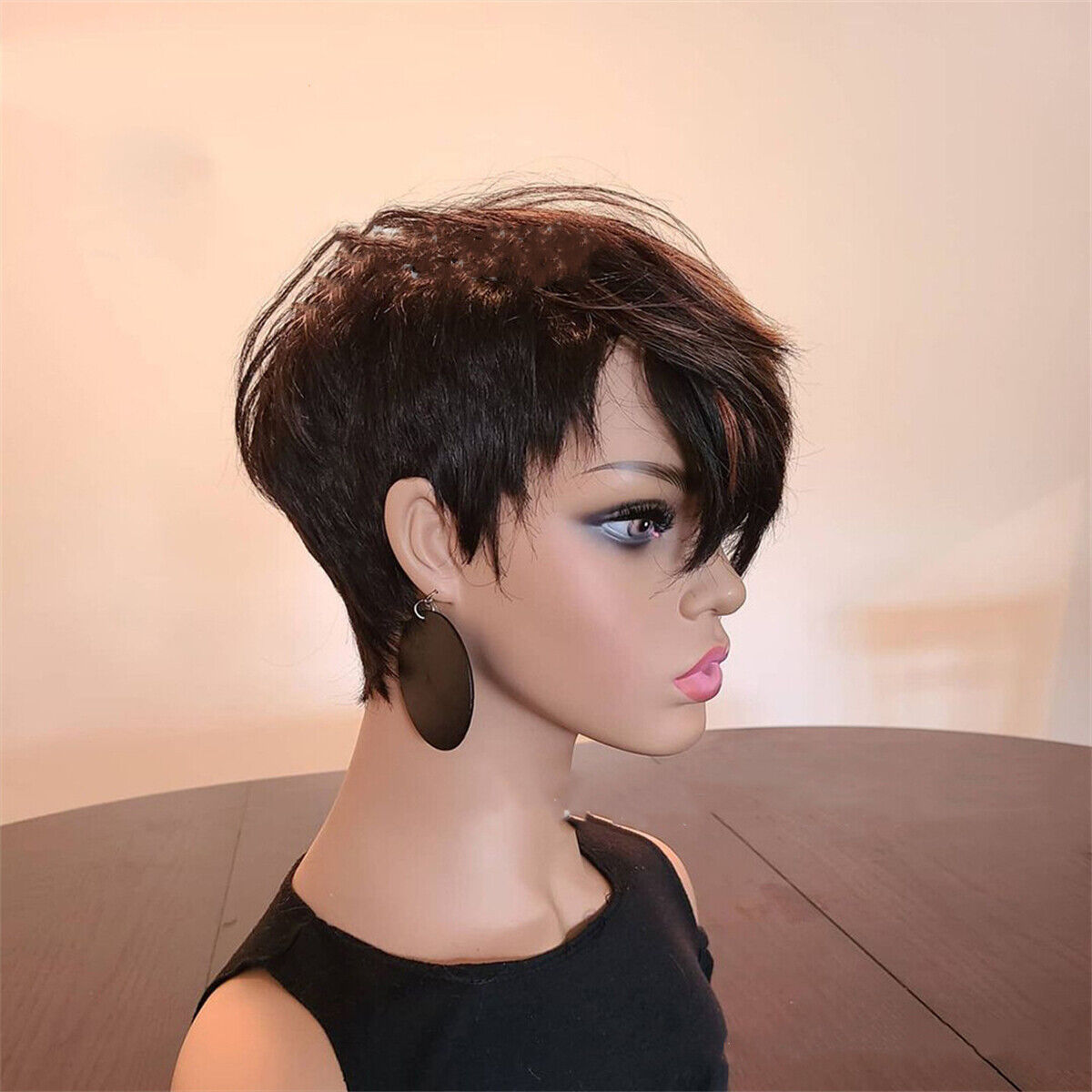 Women Fashion Short Straight Wig Natural Black Brown Hair Full Wigs with Bangs