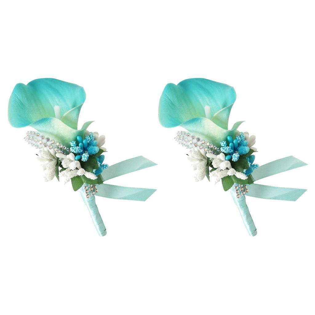 2 Pieces  Calla  Rhinestone Groom Bridal Wedding Corsage Sky