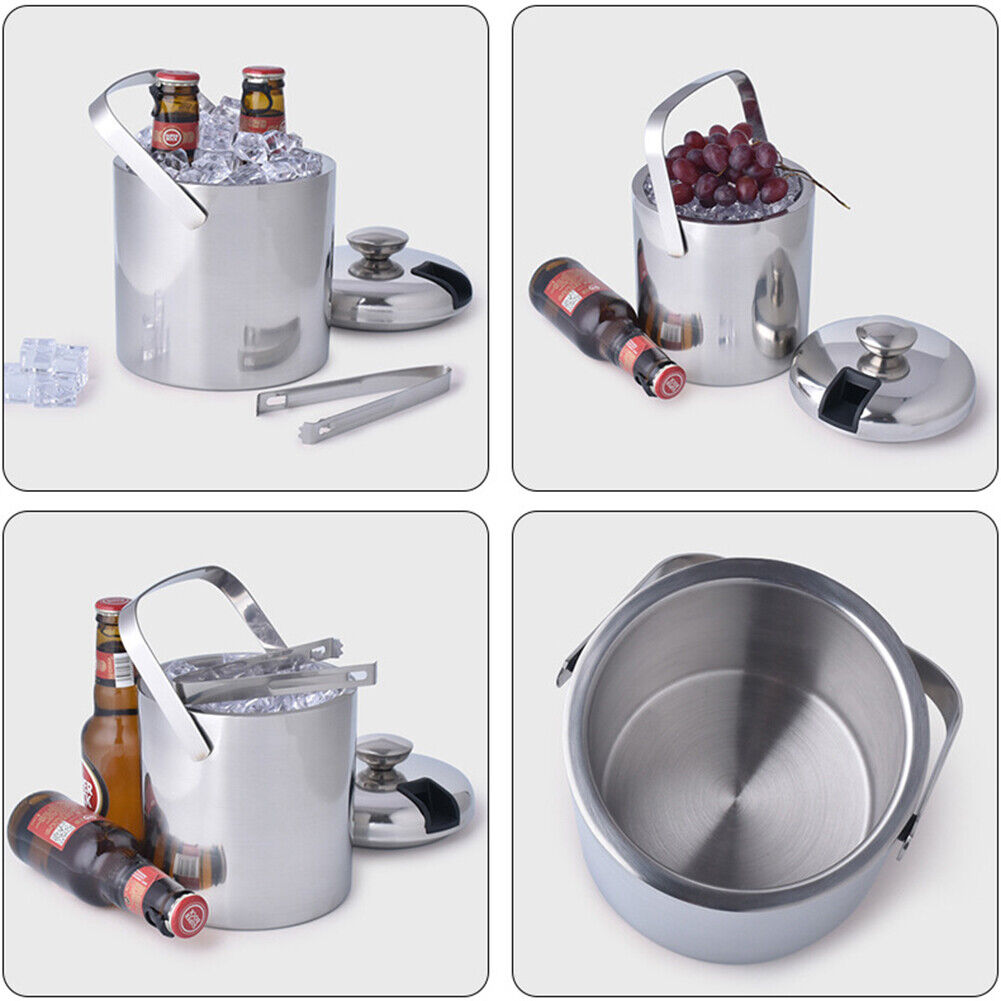 Wine Beer Ice Bucket Stainless Steel Bar Ice Cube Container with Tongs Clip
