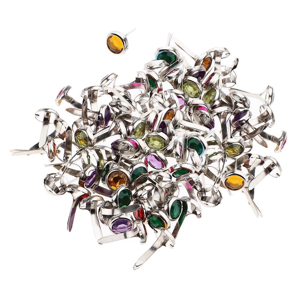 100 Pieces Assorted Color Metal Rhinestone Head Brads Paper Fasteners 7mm