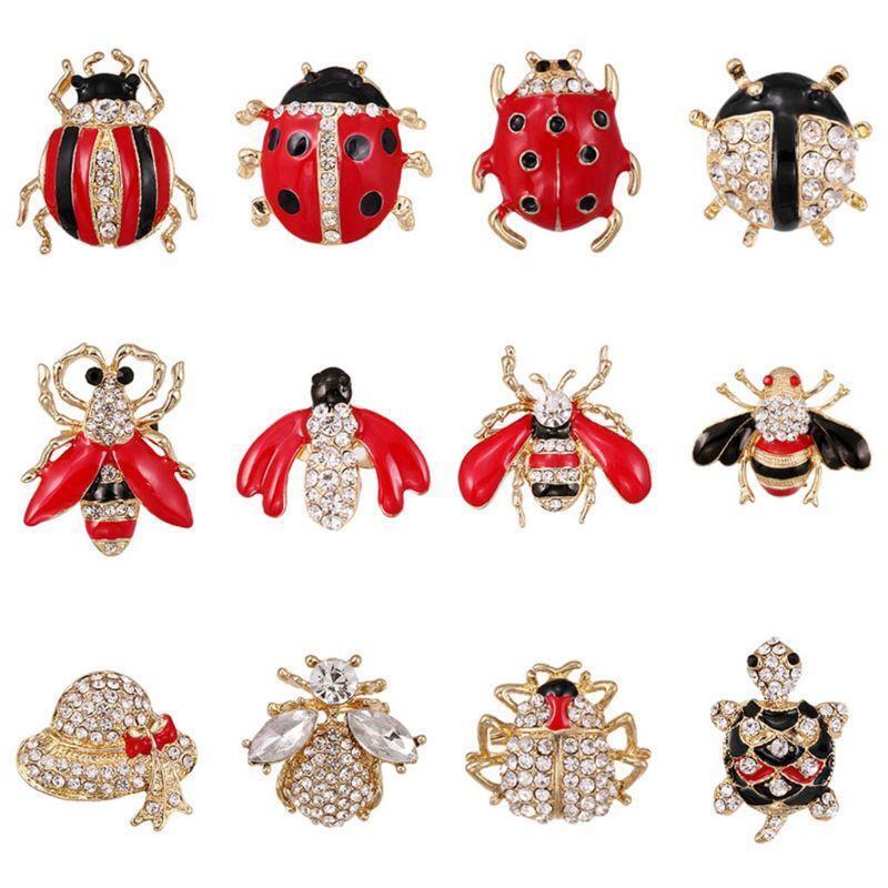 12 Pieces Mixed Crystal and Enameled Insect Bee and Ladybird Brooch Pins Sets or