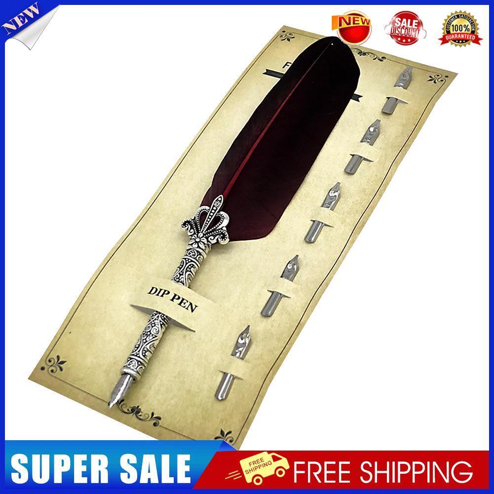 Calligraphy Feather Dip Pen+5 Nib Writing Quill Fountain Pen (Wine Red)