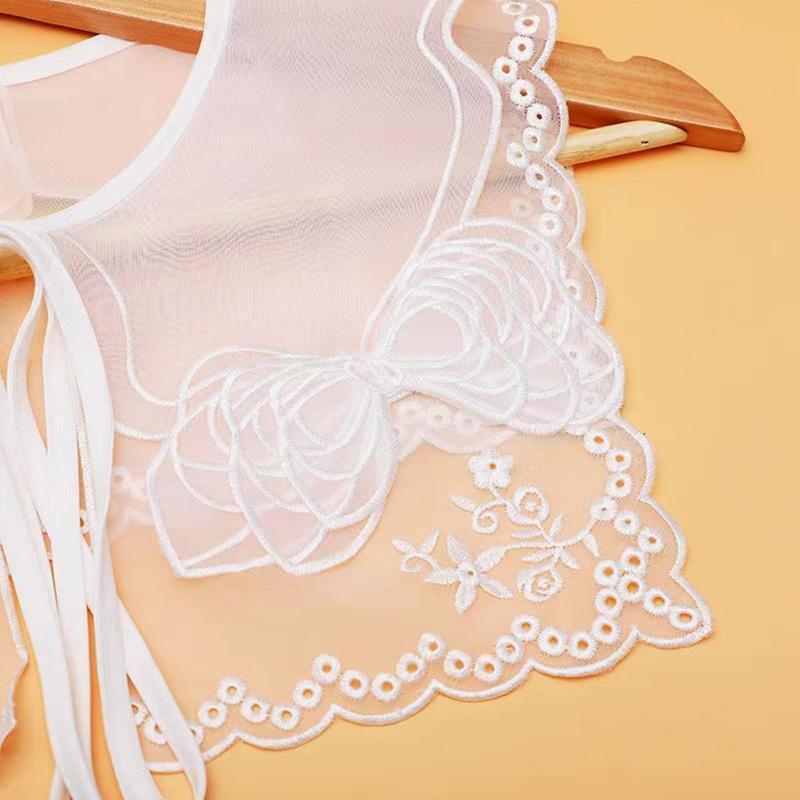 Women Double Layer Organza Collar Shawl Hollow Out Embroidery Bowknot Scarf Cape