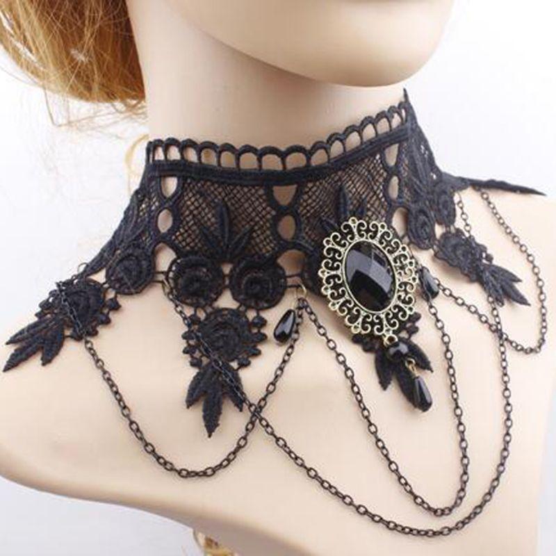 Gothic Choker Halloween Crystal Black Lace Neck Choker Necklace Clavicle Chain