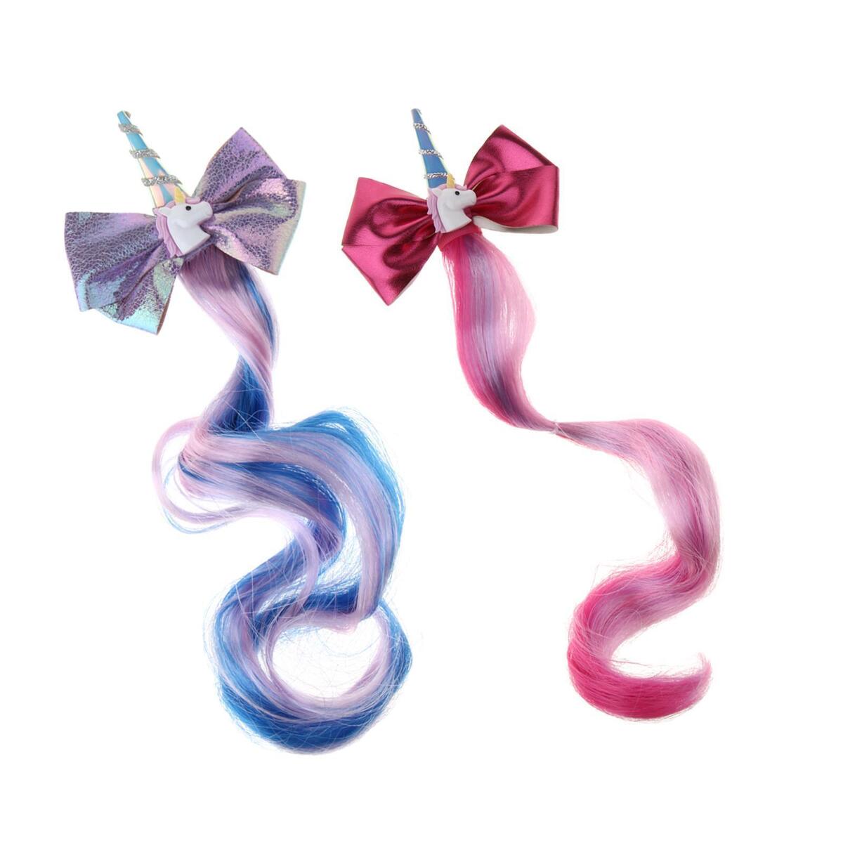 2Pcs Girls Cute Rainbow Unicorn Horn Hair Bow Hair Clip Clip on Extensions Wig