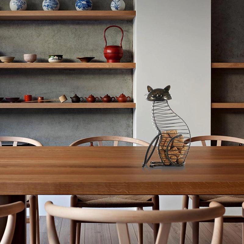 Metal Cat Wine Cork Container Wrought Metal Sculpture Table Decor