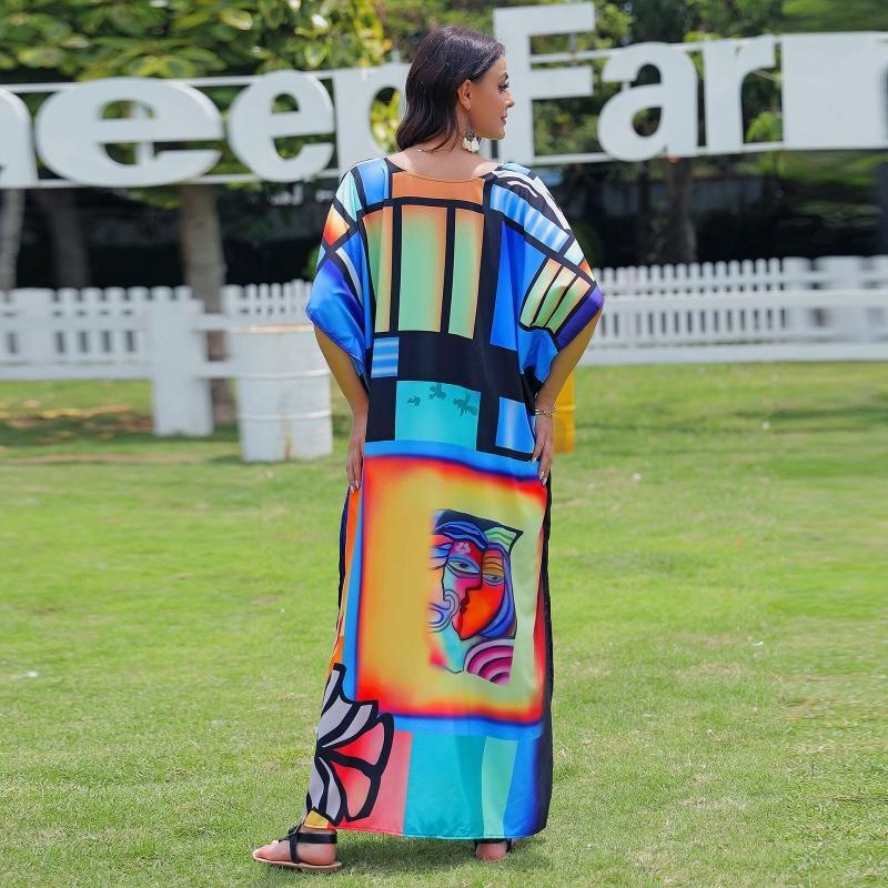 Women Batwing Sleeve Beach Maxi Dress Abstract Face Print Kaftan Bikini Cover Up