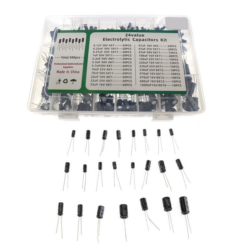 500Pcs/lot 0.1UF-1000UF 24Values Aluminum 16-50V Mix Electrolytic Capacitor Kit