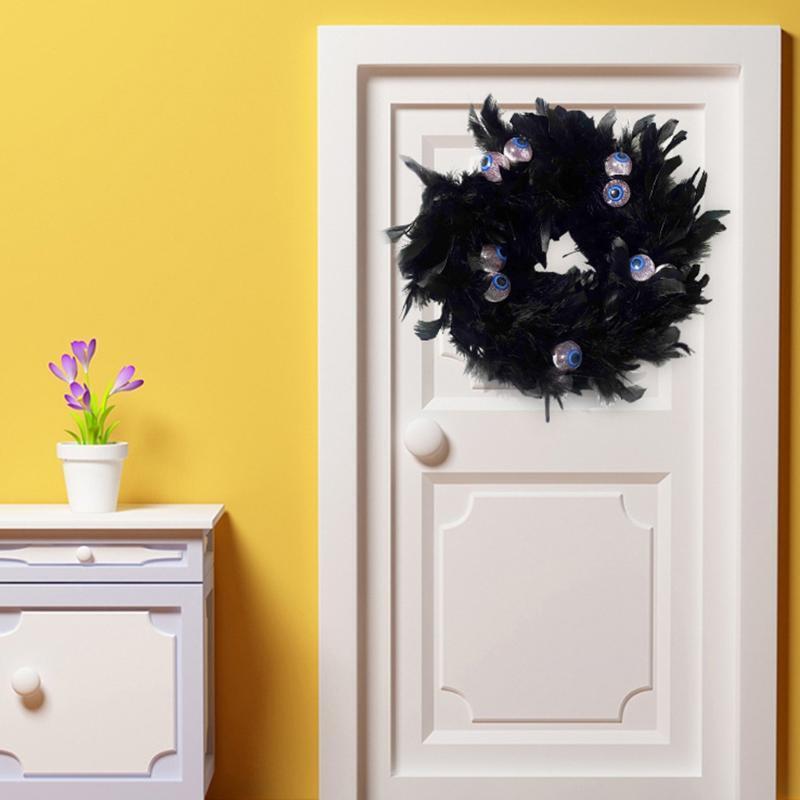 11in Black Natural Cocktail Feather Wreath with Eye Halloween Decor Door Wreath