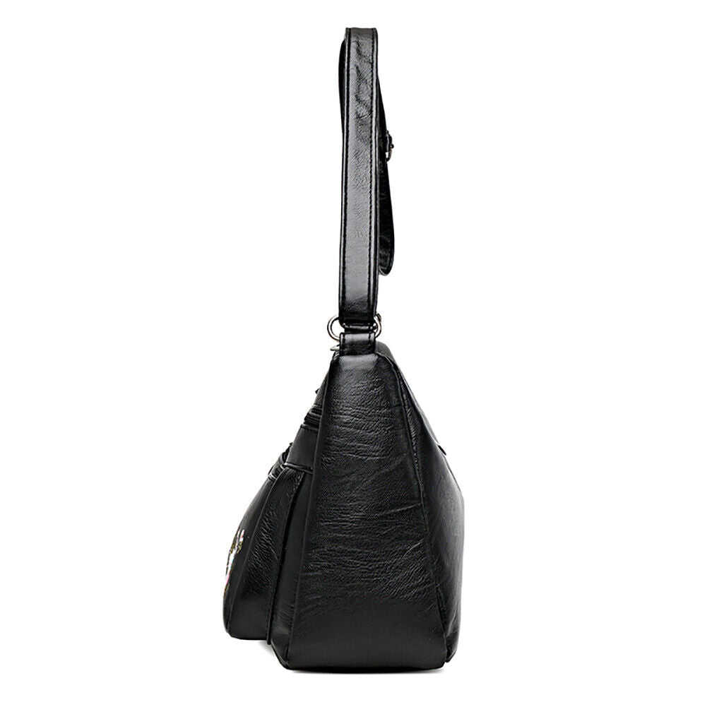 Women Embroidery Flower Crossbody Bag Zipper Multi-layer Bag (Black)