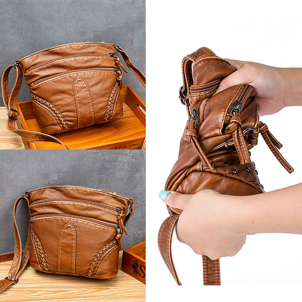 Washable Soft PU Messenger Bag Women Multi Pocket Shoulder Pouch (Brown)