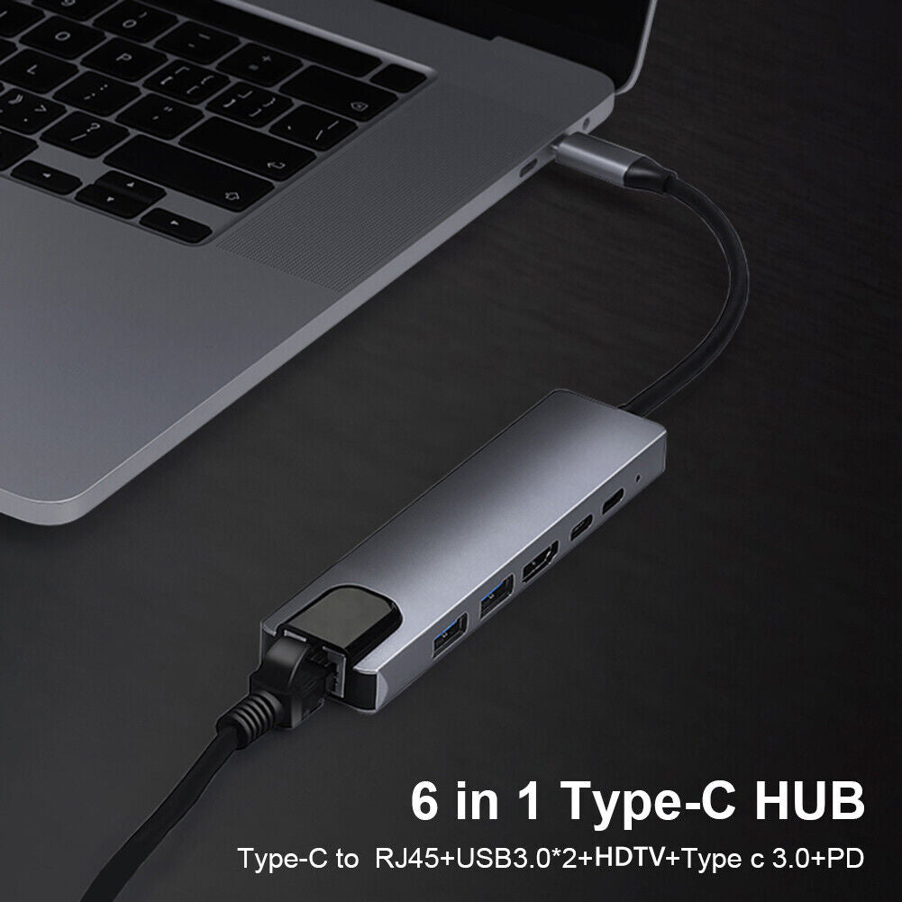 6 in 1 USB C HUB 2 USB 3.0 4K HDMI-compatible Type-C 100W PD RJ45 Adapter f