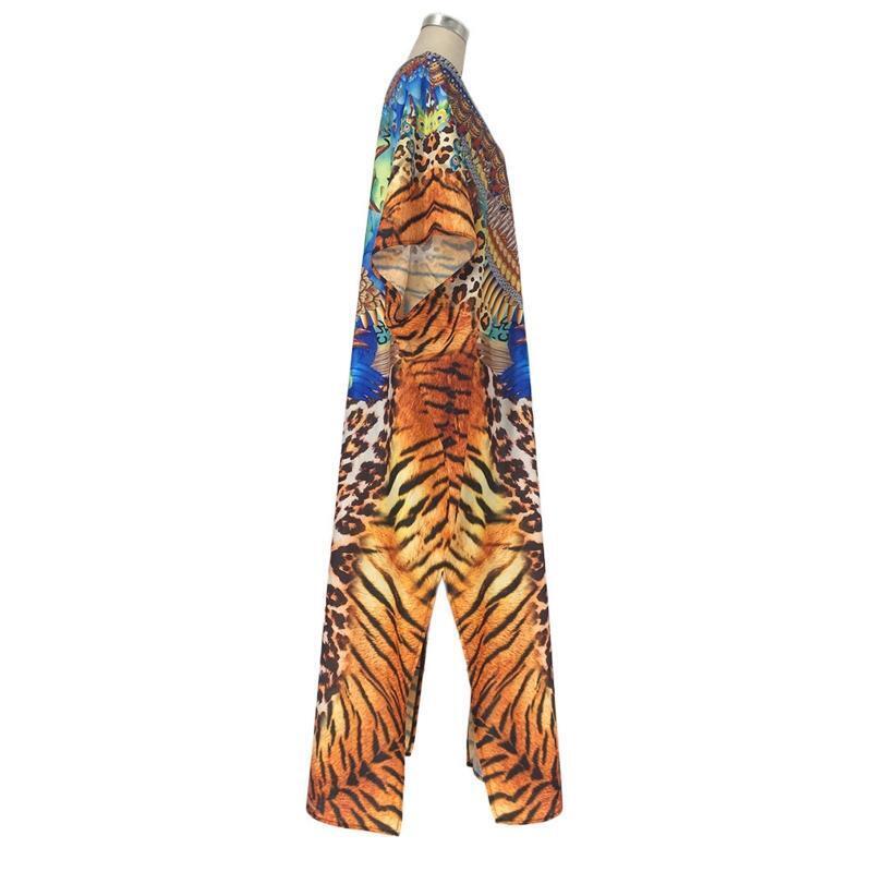 Women Middle East Kaftan Robe Beach Dress Boho Leopard Print Swimsuit Cover Up