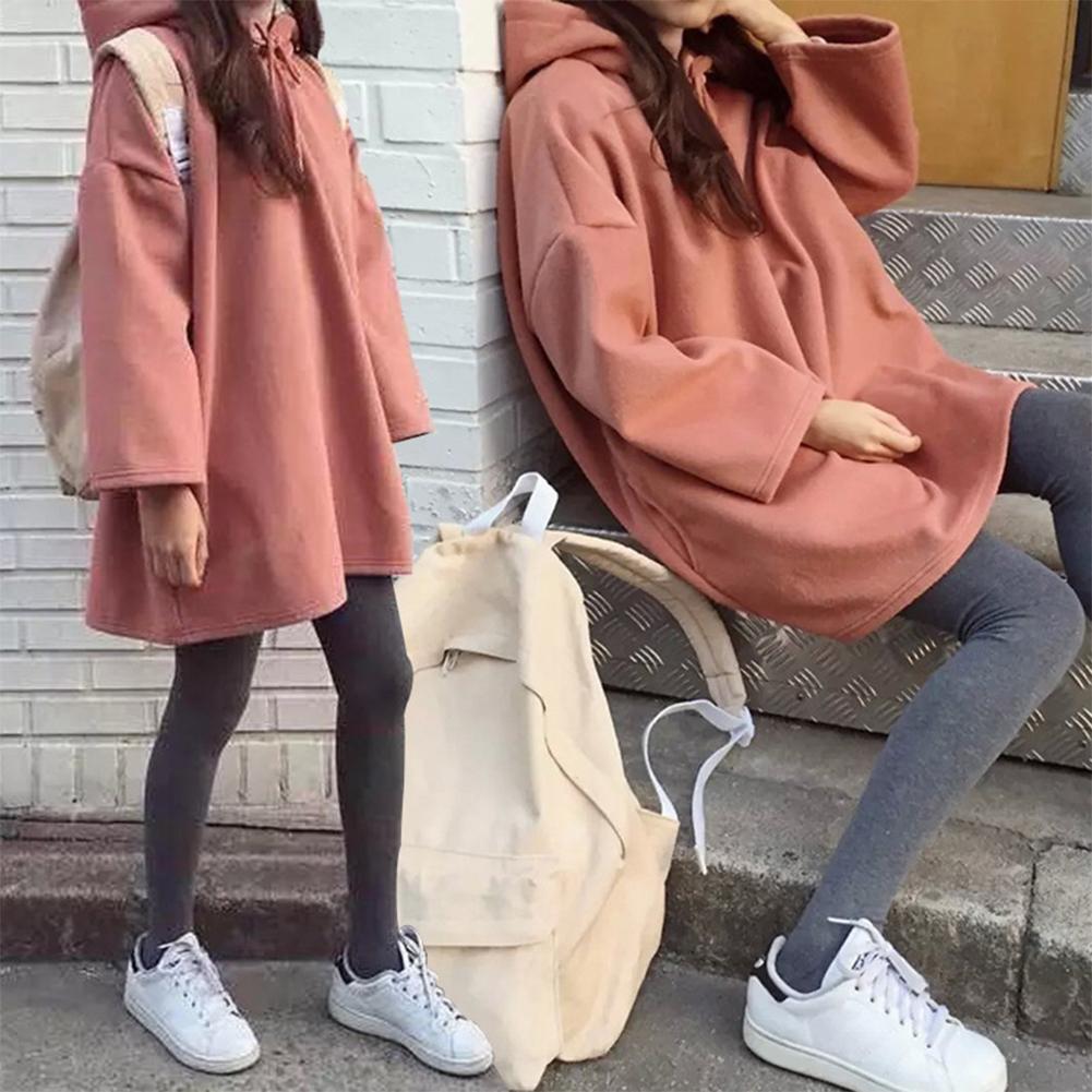 Fashion Women Winter Loose Fleece Hoodies Solid Color Pullover (Pink)(L)