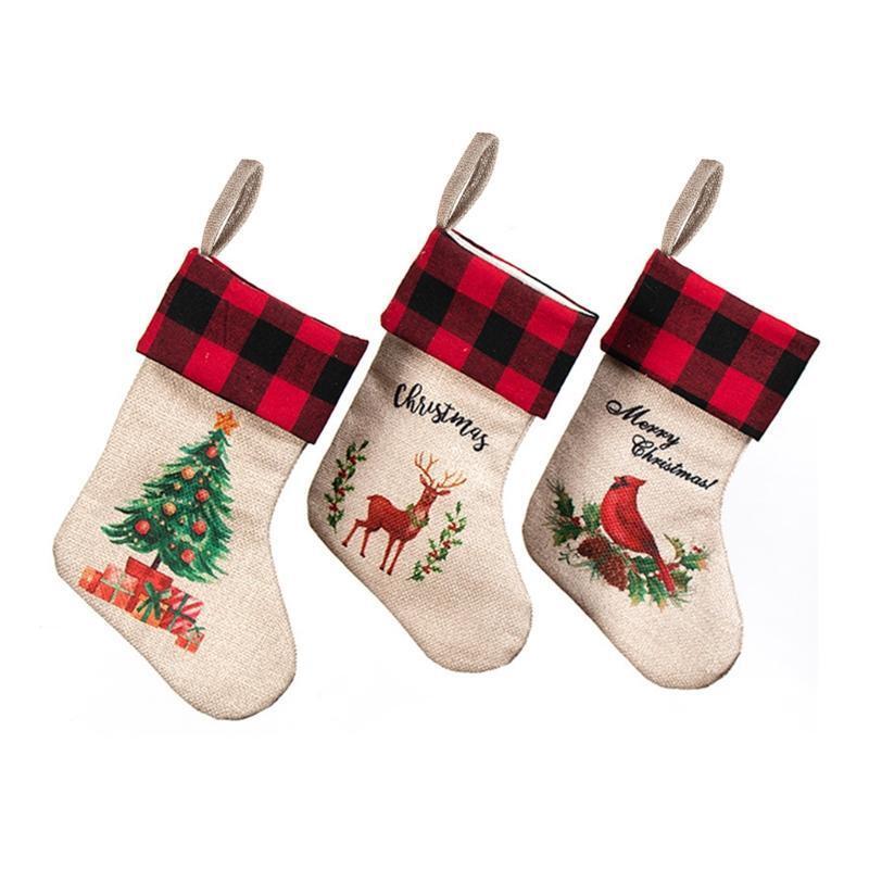 3pcs Christmas Stockings Plaid Xmas Stockings Decoration Plush Gift Candy Bag