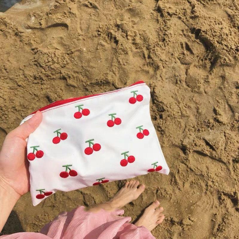 Cute Little Cherry Embroidery Storage Bag with Zipper Coin Lipstick Bags