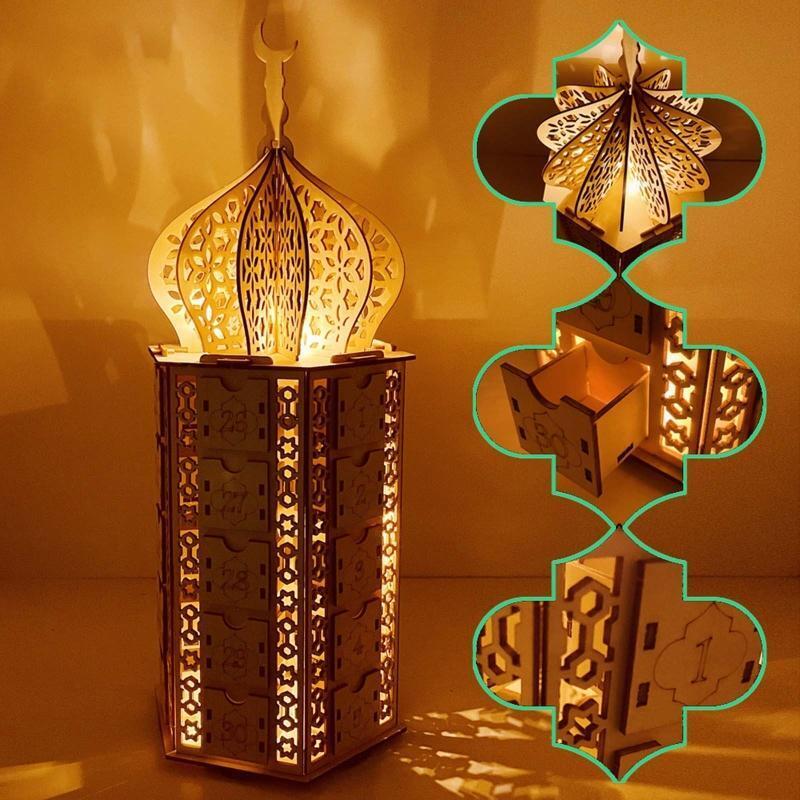 Eid Mubarak Palace Wooden Ornament Led Lantern Calendar Cabinet Crafts