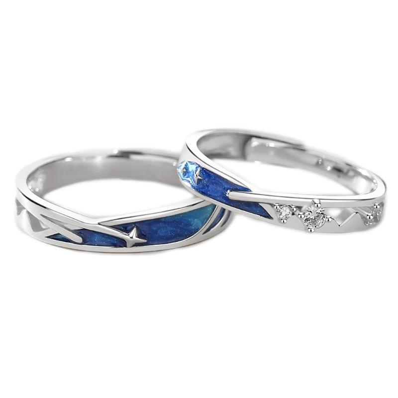 2Pcs Sea Blue Meteoric Star Lover Couple Rings Band Matching Set for Him and Her