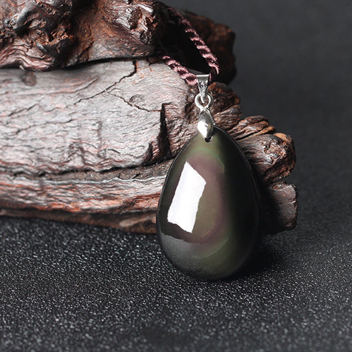 Natural Rainbow Obsidian Hand-Carved Teardrop Necklace Pendant Black Beads Gift