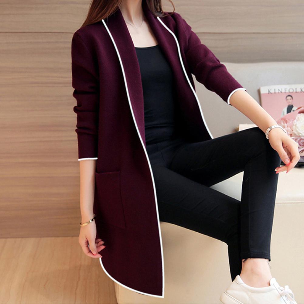 Splicing Color Long Overcoat Women Loose Cardigan Outwear (Wine Red M)