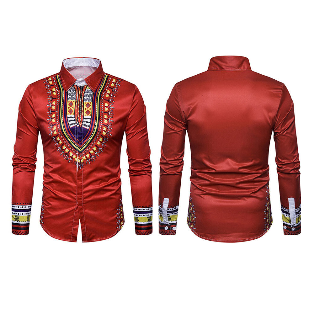 Men Turn Down Collar Casual Totem Print Long Sleeve Ethnic Shirt(Red XL)-20