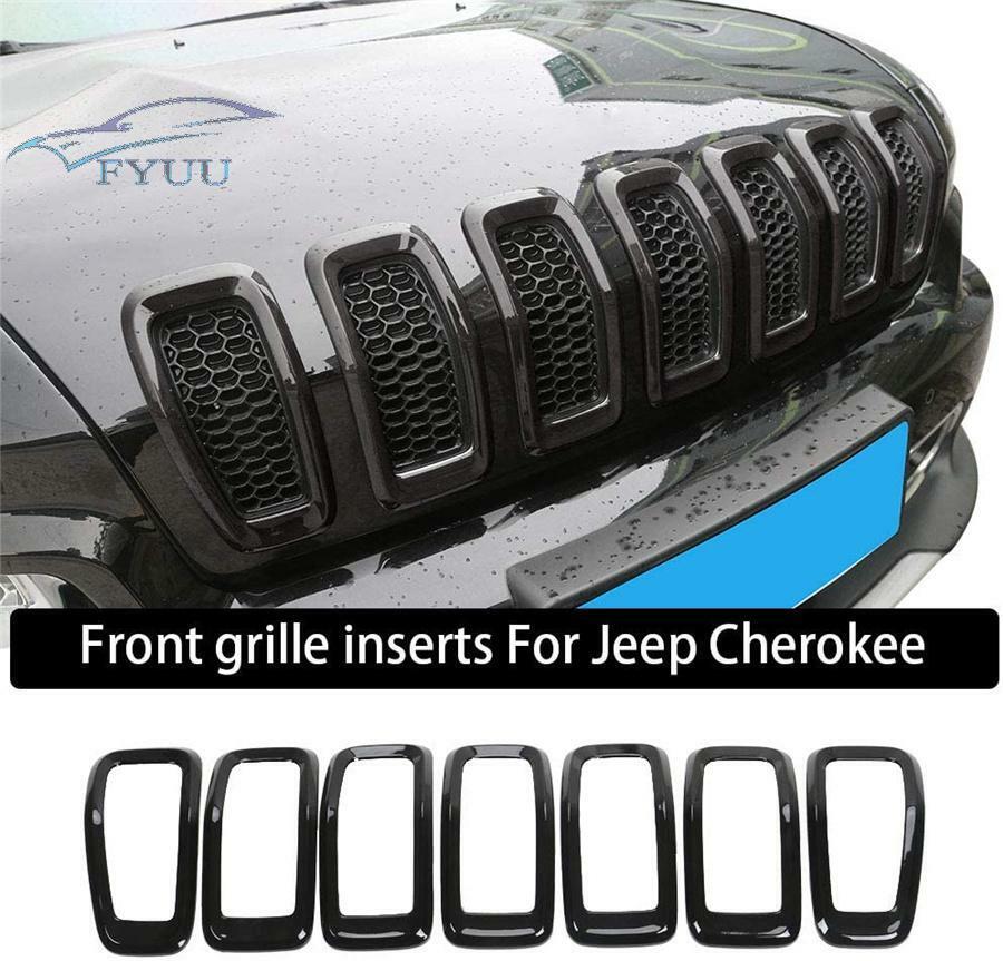 7 Pcs Black ABS Car Front Grille Inserts Ring Trim Cover For Jeep Cherokee 14-18