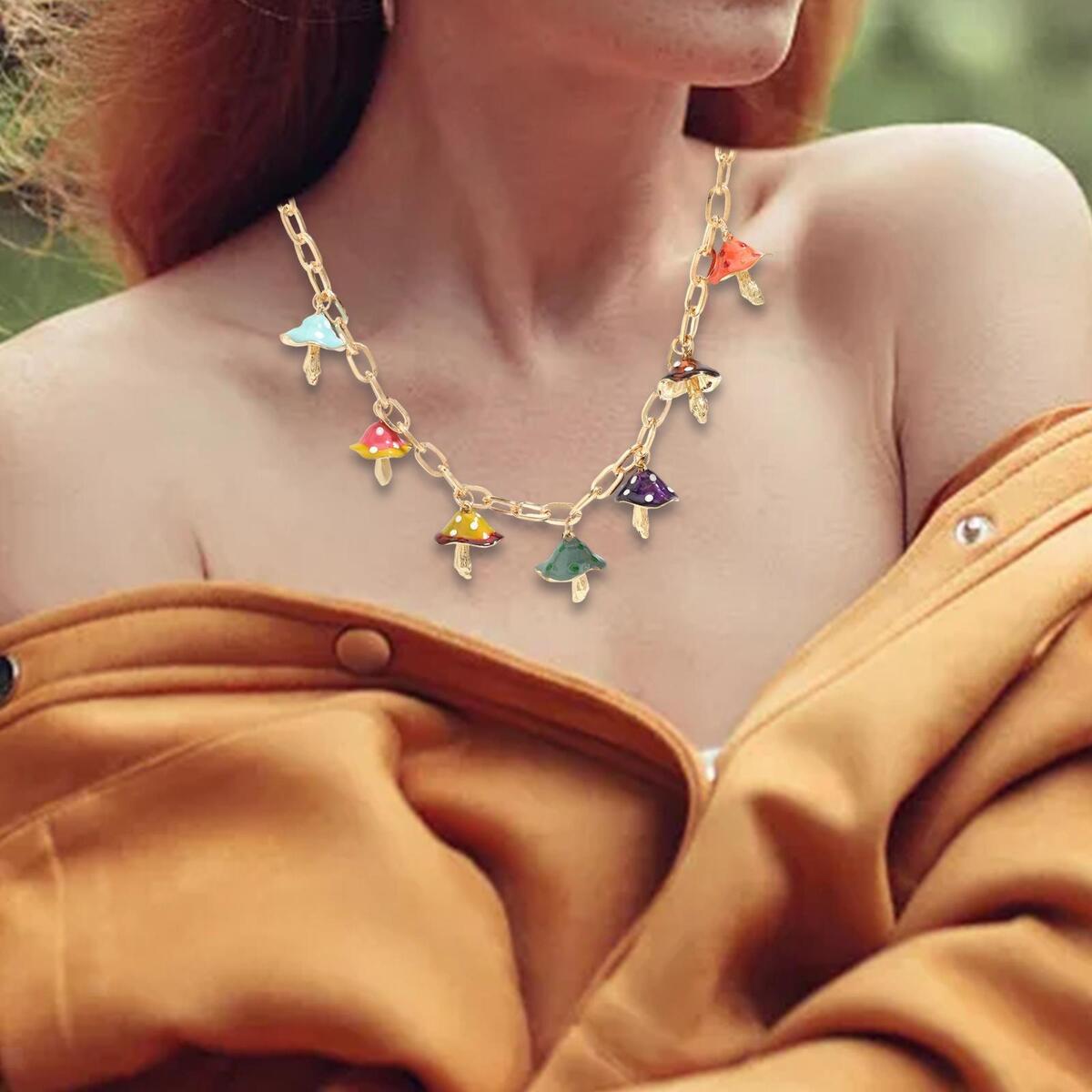 Mushroom Pendant Necklace Fashion with Extension Chain Colorful for Women