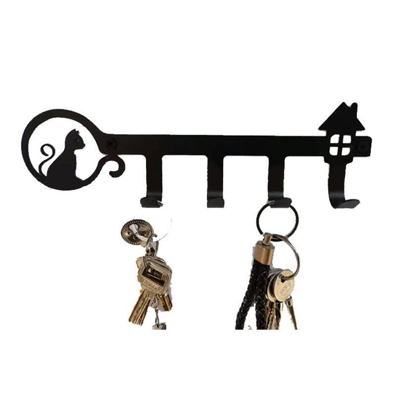 Black Metal Art Cat Household Punching Wall Hook Storage Hanger