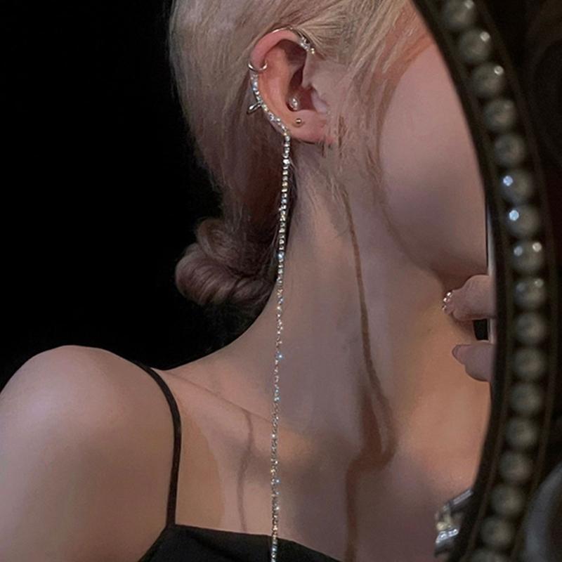 Chic Rhinestone Long Tassel Ear Cuffs for Women Creative Cos Fairy Earrings