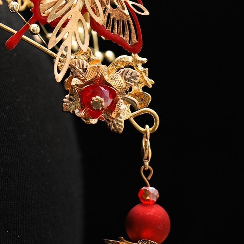 Women Girls Dress Jewelry Set Chinese Classical Tassel Floral Headdress Earrings