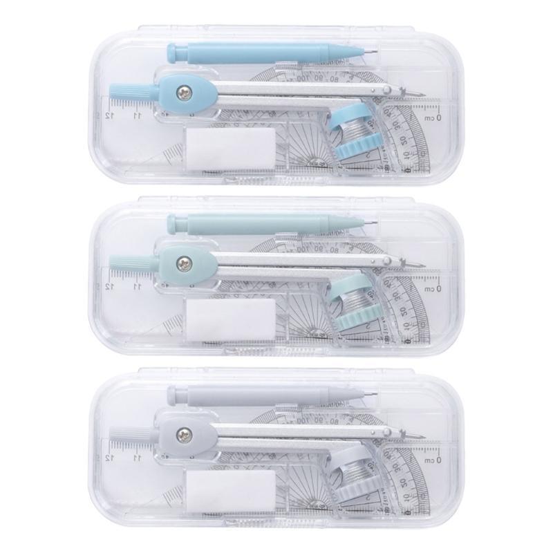 Portable Compass Kit with Protractor Triangles Ruler Mechanical Pencil Eraser