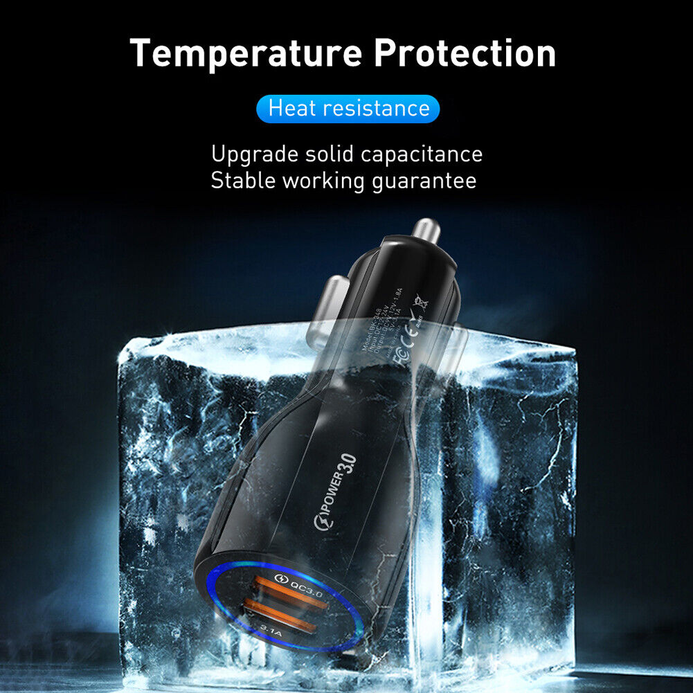 Phone Car Charger QC3.0 Dual USB Fast Charging Adapter for Mobile (Black)