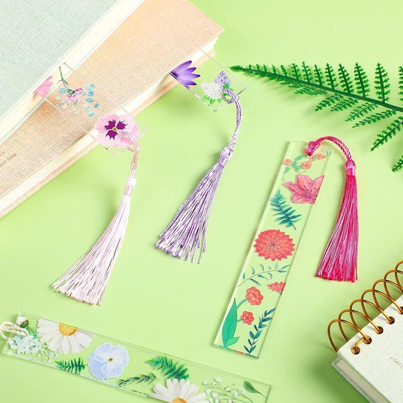 Exquisite Floral Bookmarks Clear Flower Page Marker w/ Colorful Silky Tassel 8x