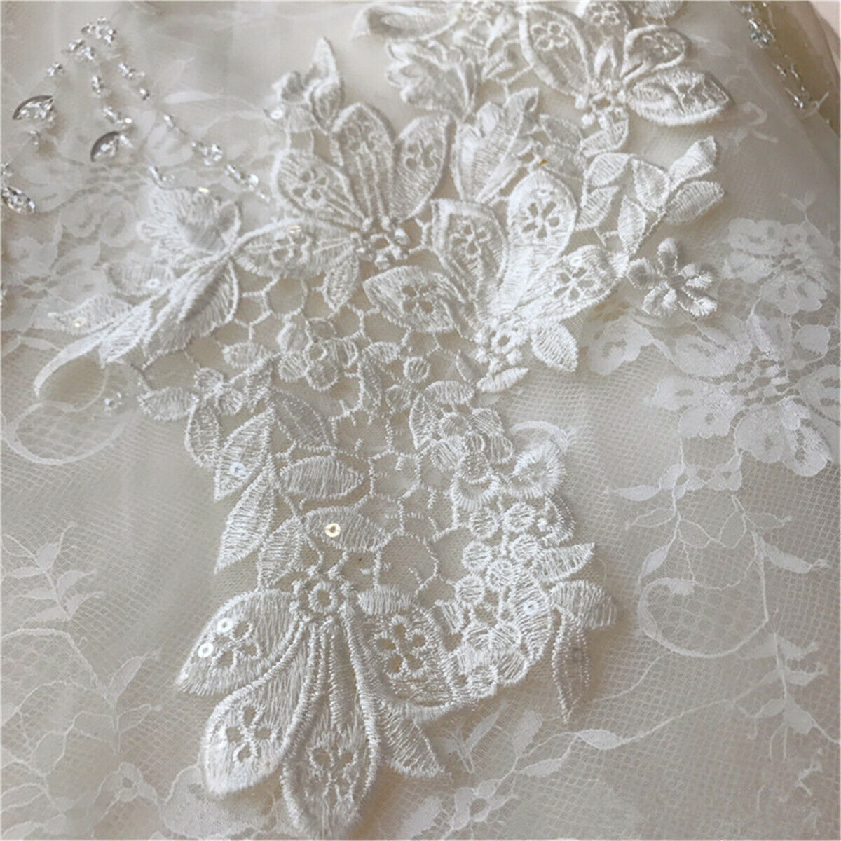1 Pair Applique Lace Trim Embroidery Sewing Motif DIY Wedding Bridal Crafts