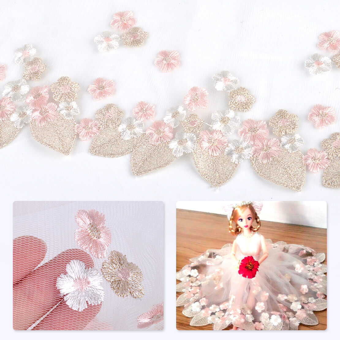 1 Yard Embroidered Leaf Flower Tulle Lace Edge Trim Sew Wedding Bridal Dress Li