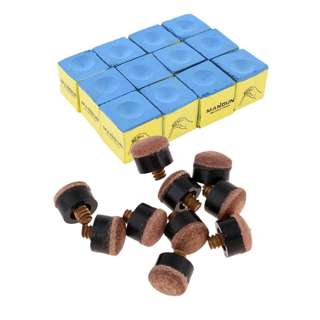 Premium 10 Pcs Billiards Screw-On Pool Cue Stick Tips Replacement and Chalk