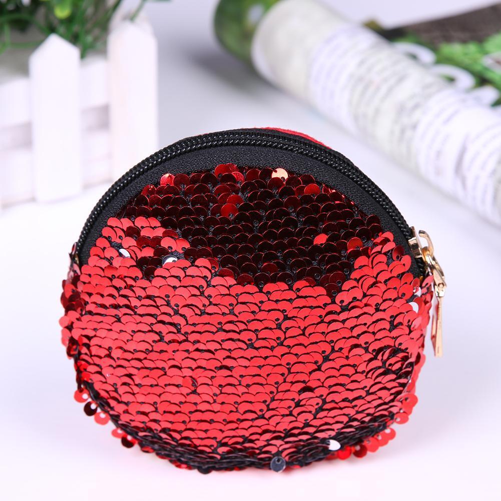Multi Sequins Coin Wallet Women Change Purse Girls Round Clutch Bags (Red)