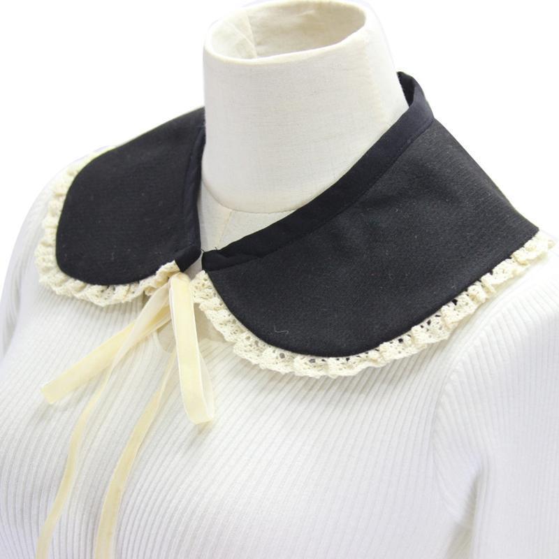 Women Faux Wool False Collar Shawl Sweet Ruffled Lace Trim Bow Scarf Neck Warmer