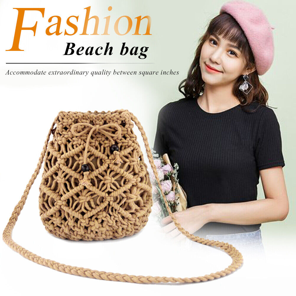 Women Fashion Summer Beach Weave Shoulder Crossbody Messenger Bucket Bag